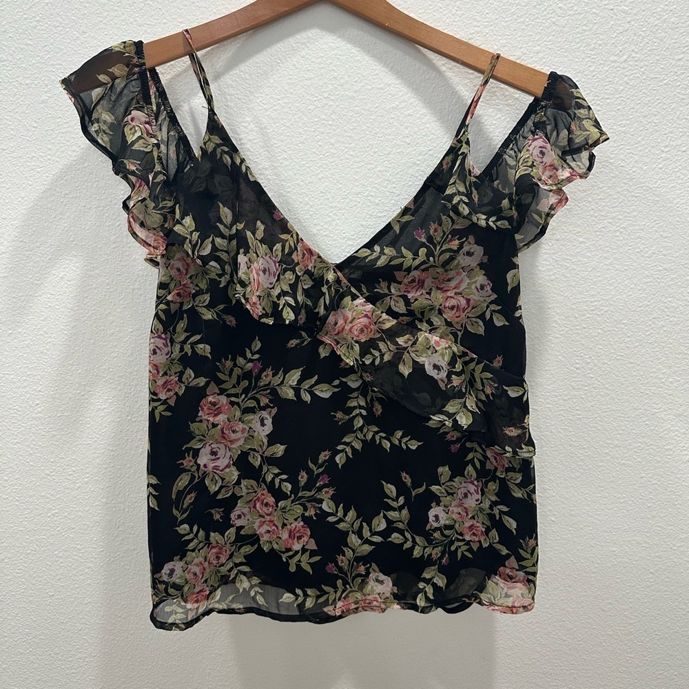 ASTR The Label Black Floral chiffon blouse spring ruffles sheer cold shoulder